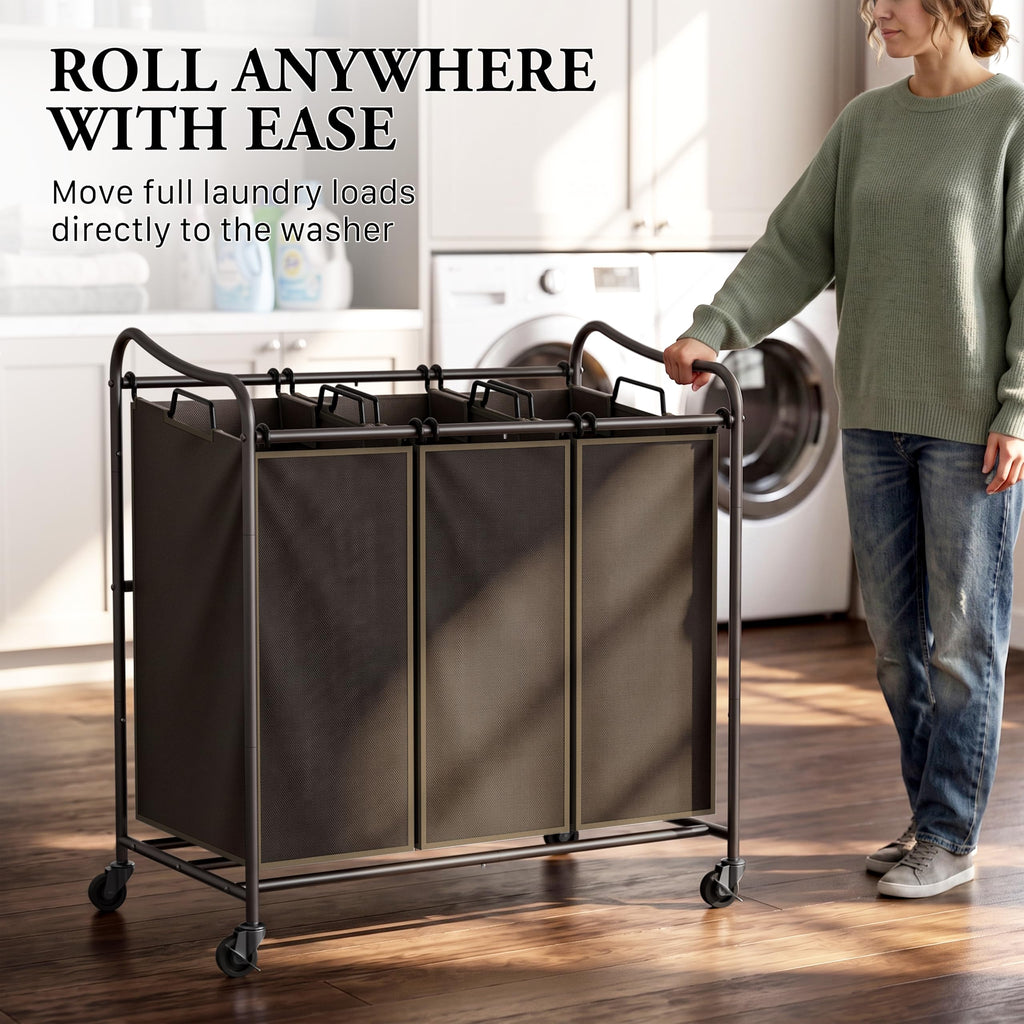 Heavy Duty 3-Bag Laundry Sorter Rolling Cart, Bronze