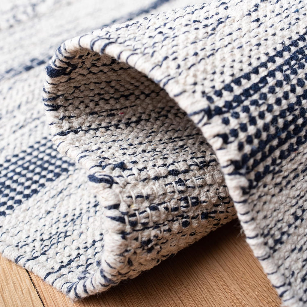 Striped Kilim Collection Runner Rug - 2'3" x 9', Ivory & Navy, Handmade Flat Weave Cotton, Ideal for High Traffic
