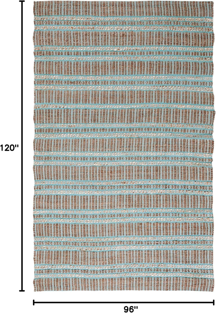 Area Rug 8x10 - Natural Fiber Collection - Large - Teal & Natural, Handmade Jute & Cotton Flat Weave, Stripe Pattern
