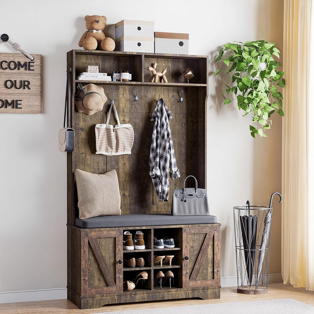71" Hall Tree with Bench and Shoe Storage, Entryway Hall Tree with 2 Doors and 6 Adjustable Shelves, Cushioned