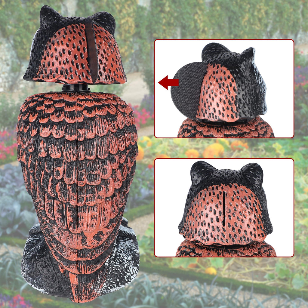 2 Pack Fake Owl Decoy Bird Scarecrow Sculpture, Rotating Head Plastic Owl Bird Deterrents, Nature Enemy Horned Pest