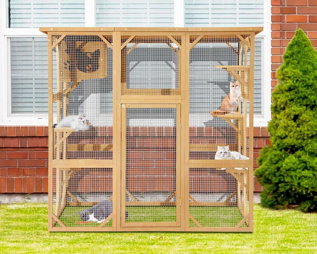 Cat Enclosure Large Outdoor Catio Wooden Cat House with Weatherproof, Cat Cage Condo Indoor Playpen with Platform