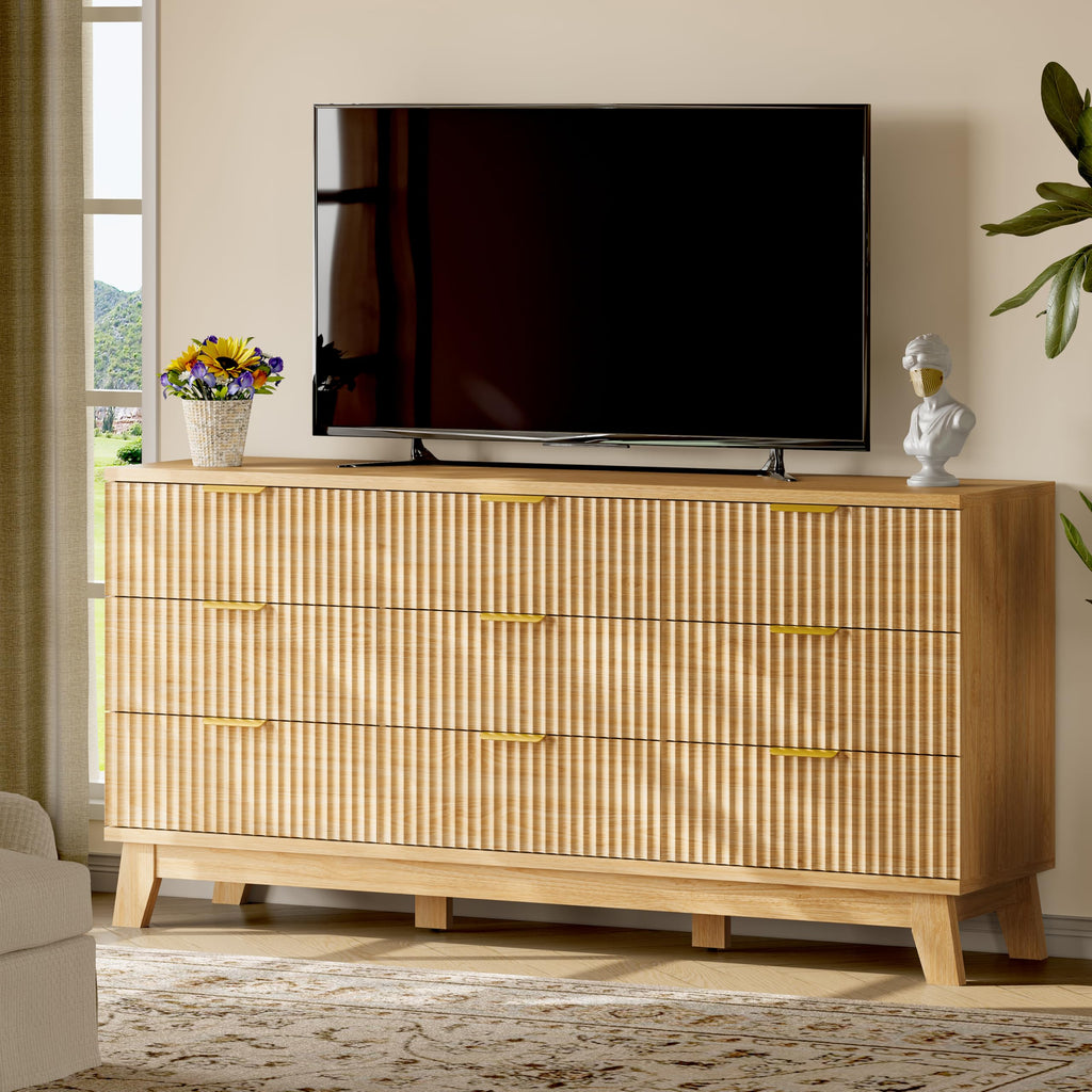 Fluted Dresser with 9 Drawers, 63" Wide Modern Chest of Drawers with Metal Handle, Wooden Dresser TV Stand, Wood