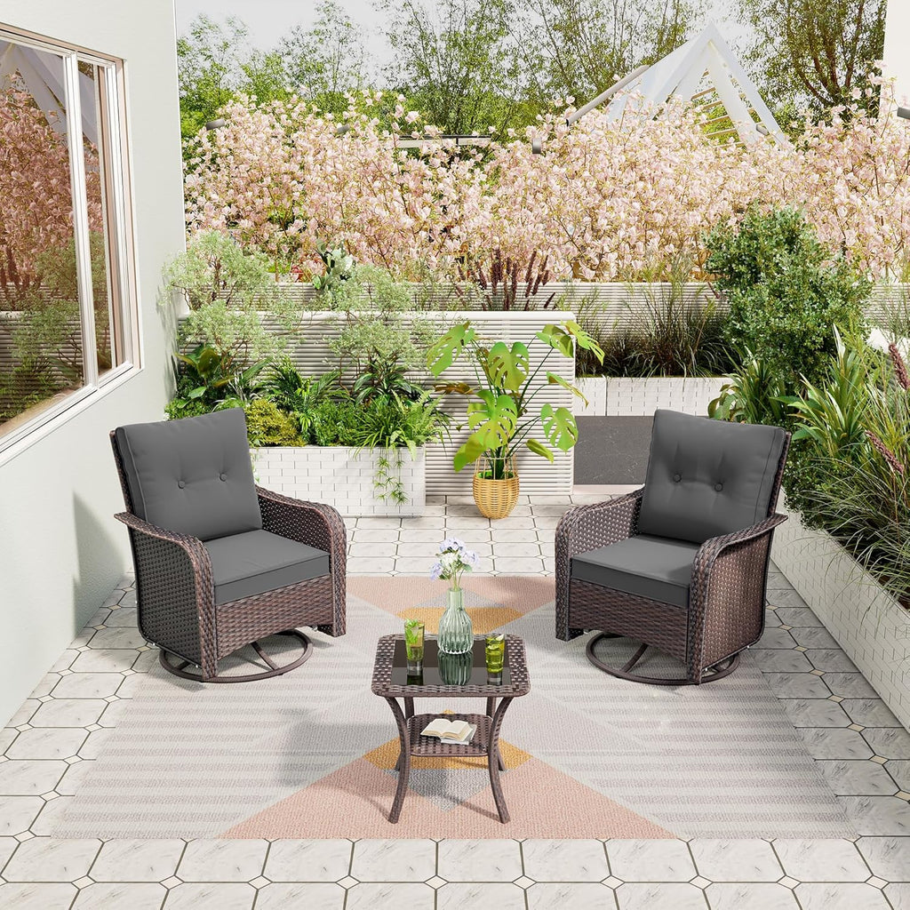 3 Piece Wicker Swivel Rocking Chair Set, Outdoor Patio Glider Chair with Glass Top Coffee Table, Conversation