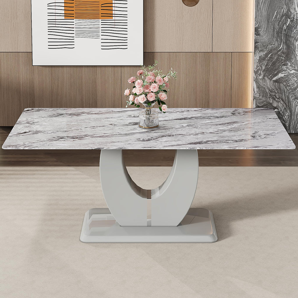 71-Inch Gray Faux Marble Dining Table with Pedestal Base
