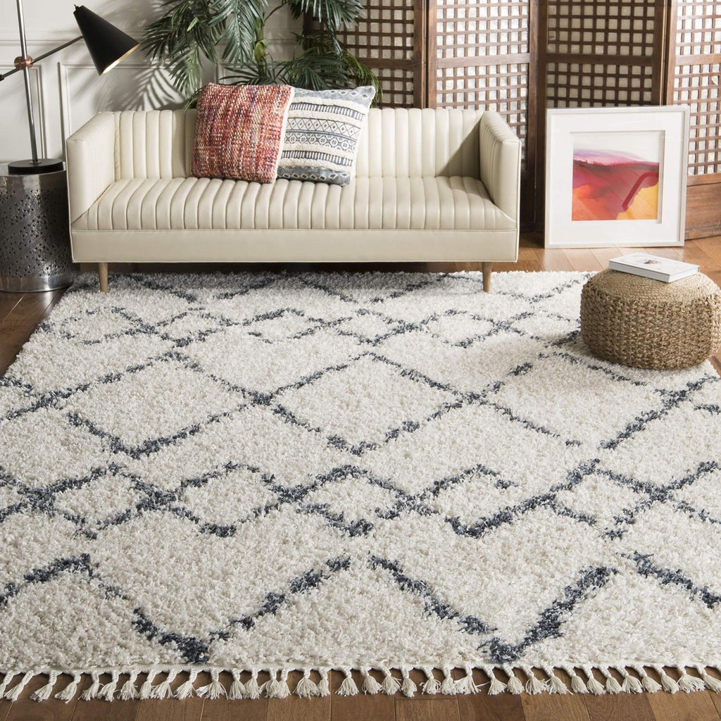 Pro Luxe Shag Collection Area Rug - 5' x 8', Cream & Blue, Moroccan Boho Tassel Design, Non-Shedding & Easy Care