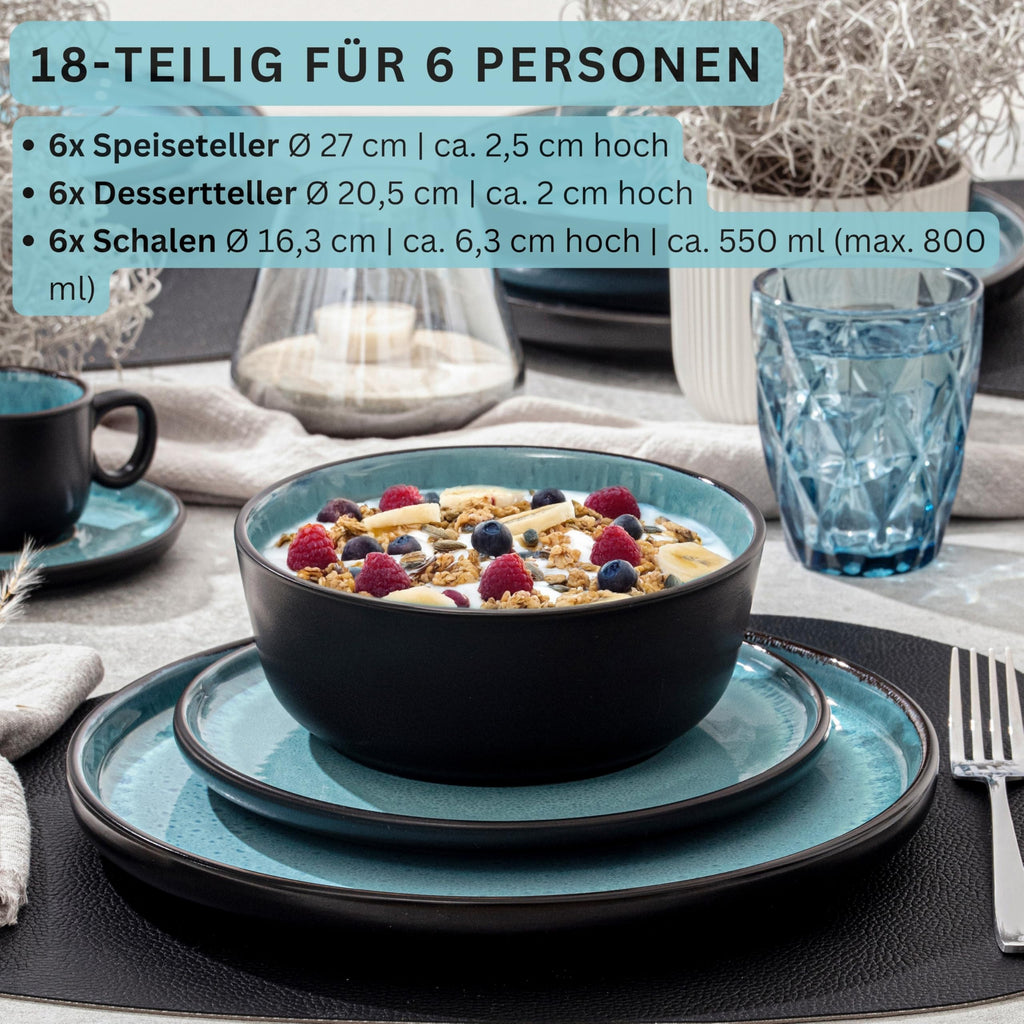 Granada Stoneware Crockery Set, 18 Pieces, Plate Set for 6 People, 6 x Dinner Plates, 6 x Cereal Bowls, 6 x Dessert