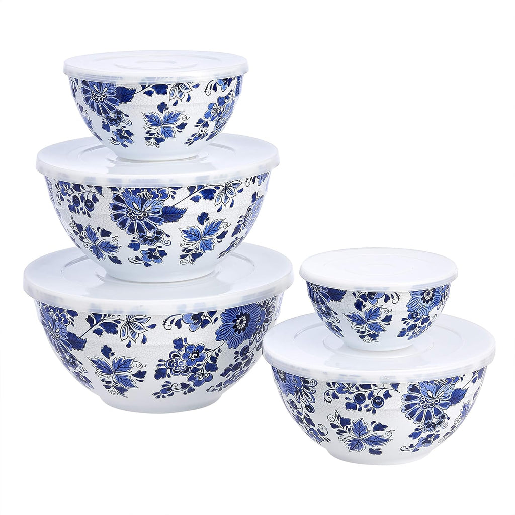 Mixing Bowls with Lids, Nesting Melamine Serving Bowls, Non-Slip Base, BPA Free, Dishwasher Safe, 5 Sizes, Blue and