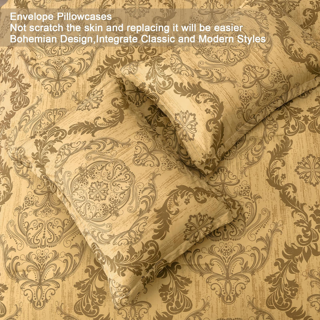 Gold Comforter Set King Size, Damask Texture Design 7 Pieces Bed in a Bag Microfiber Comforter Bedding Sets -1