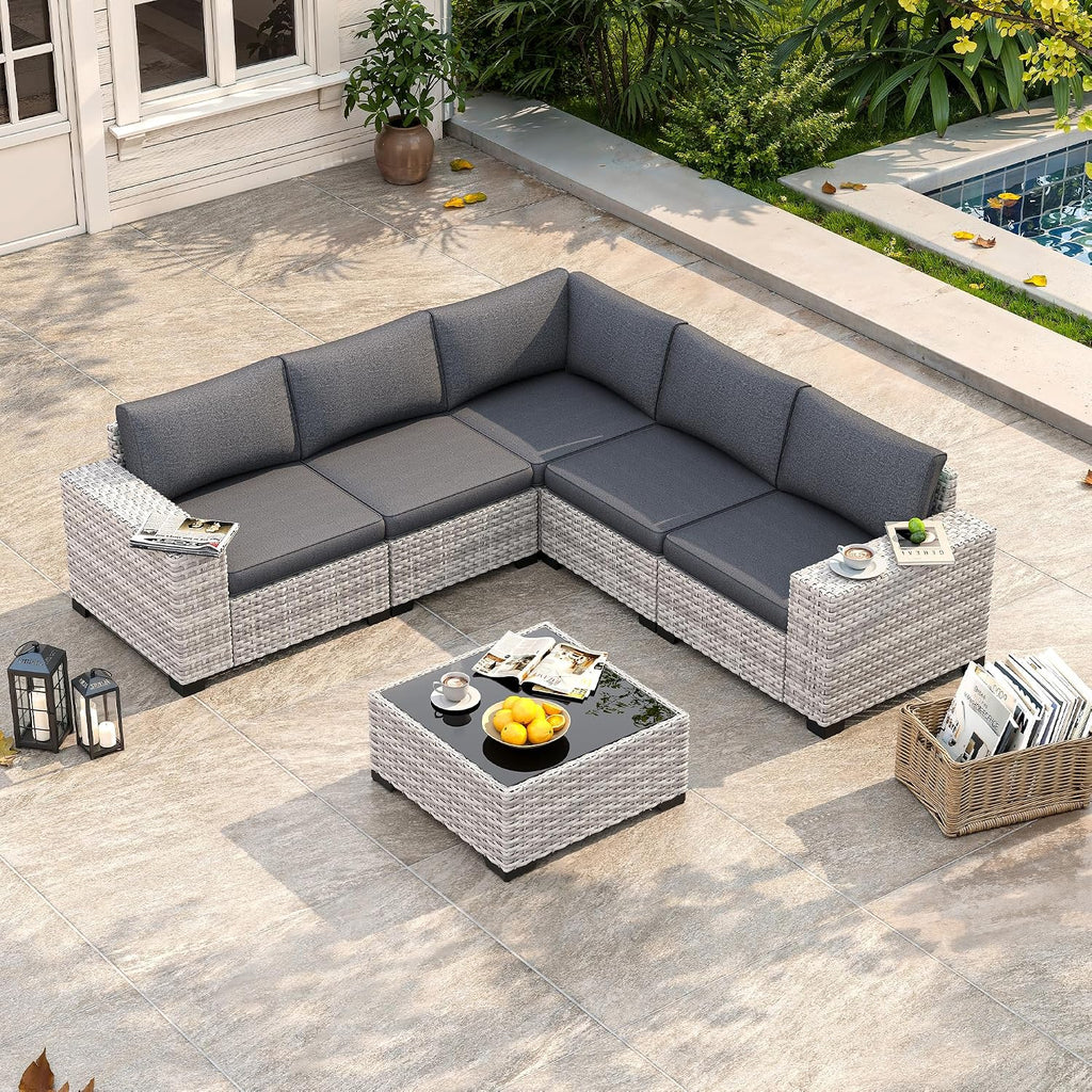 6 Piece Outdoor Sectional Sofa Set, 5-Seats Wicker Patio Furniture Set with 4" Thickened Cushions & Coffee Table