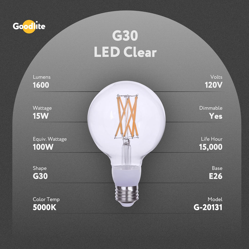 Filament 100 Watt Equivalent, G30 Edison Style, 1600 Lumens, Medium E26 Base LED Light Bulb Dimmable, Clear