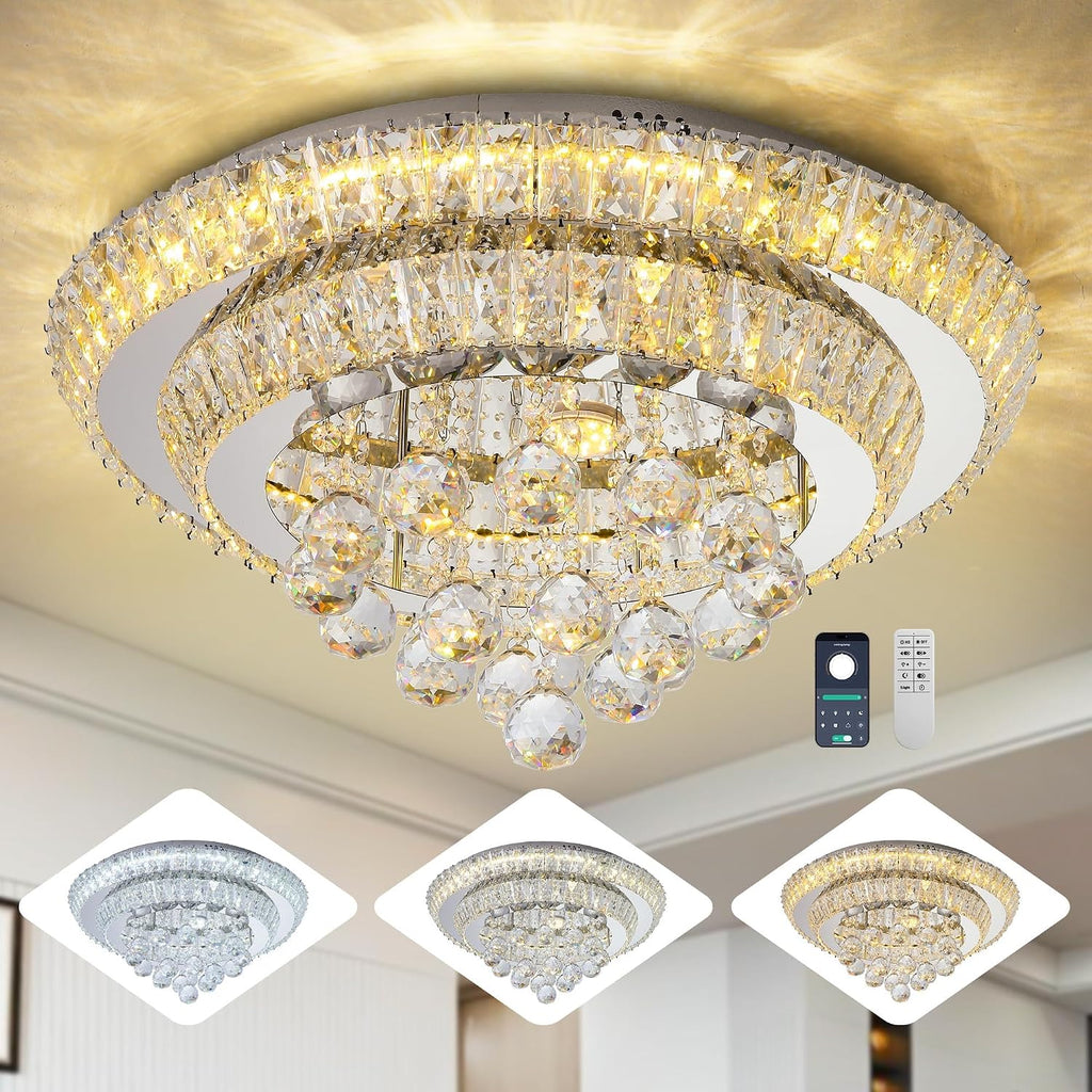 Elegant LED Crystal Raindrop Ceiling Light,20" Flush Mount Chandelier Light Fixture with Remote Control for Living