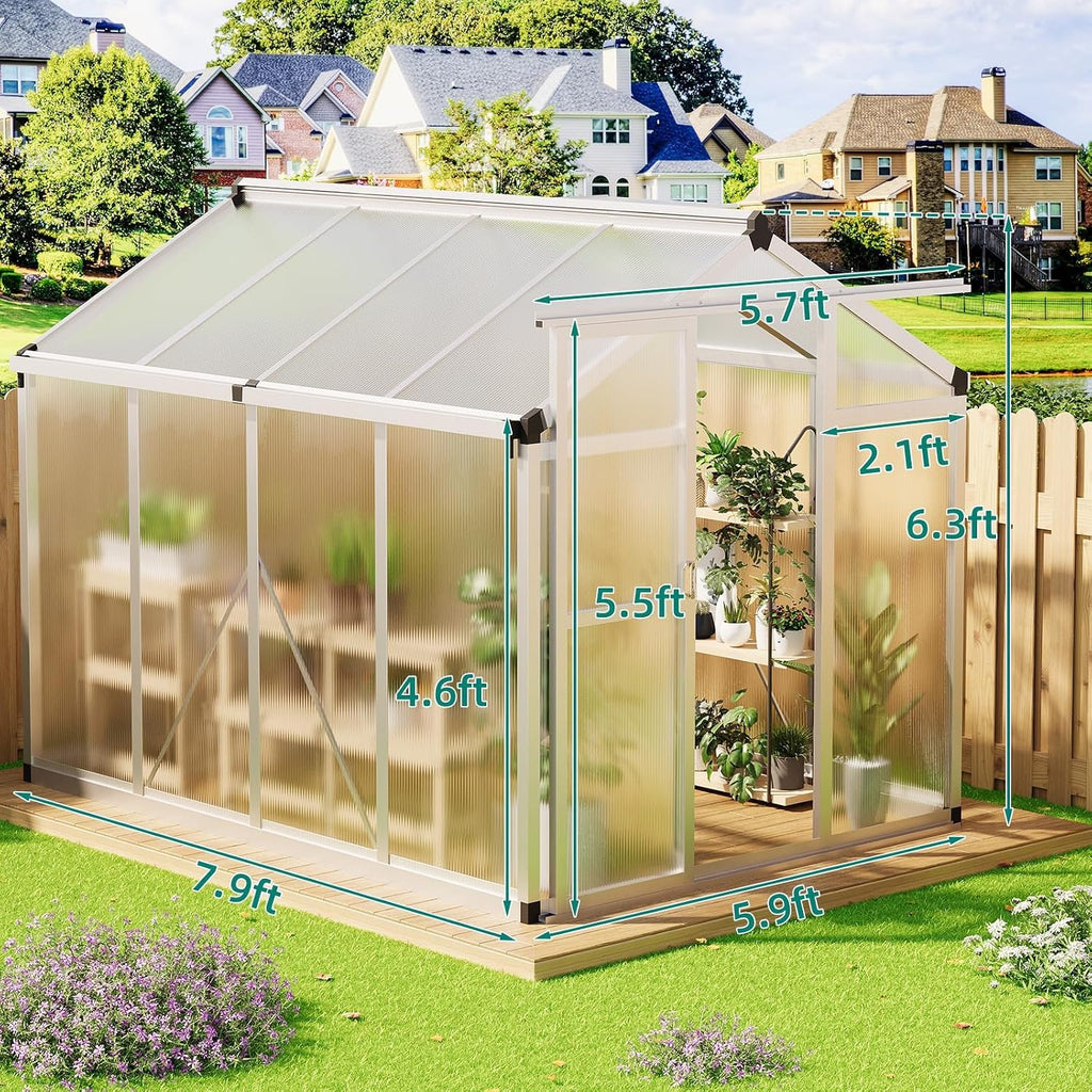 6x8ft Walk-in Greenhouse, Heavy Duty Large Outdoor Green House | Polycarbonate Garden Greenhouse with Roof Vent