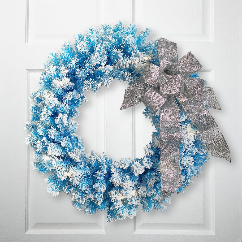 Flocked Pine Artificial Christmas Wreath 24" Blue Clear Lights