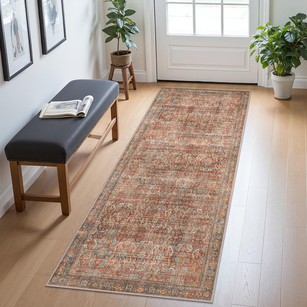 Runner Rug Machine Washable Boho Runners, Ultra-Thin Low Pile Rug, Lightweight Indoor Carpet, Non Slip Floral