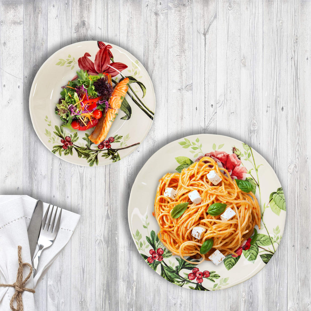 12-Piece Round Porcelain Dinnerware Set, Service for 4, Rosemary, Summer Flowers, Plates Bowls Dishes, Glossy