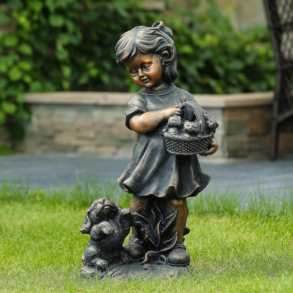 LuxenHome Garden Decor Statue,23" Fiber Stone Girl and Puppy Outdoor Statue | Bronze Garden Sculpture, Outdoor Art