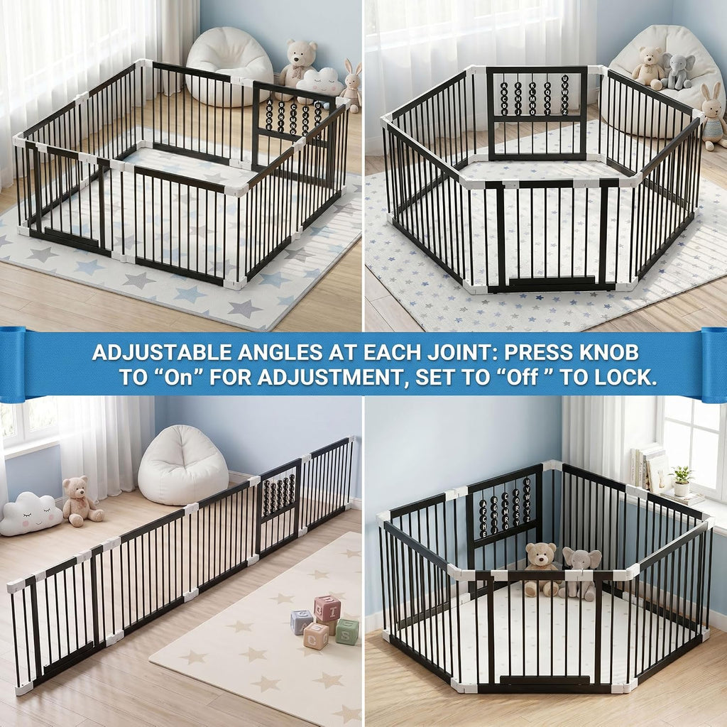 Bamboo Baby Playpen 64x64x26-8 Panel Adjustable Multi-Shape Large Play Yard for Toddlers with Locking Gate