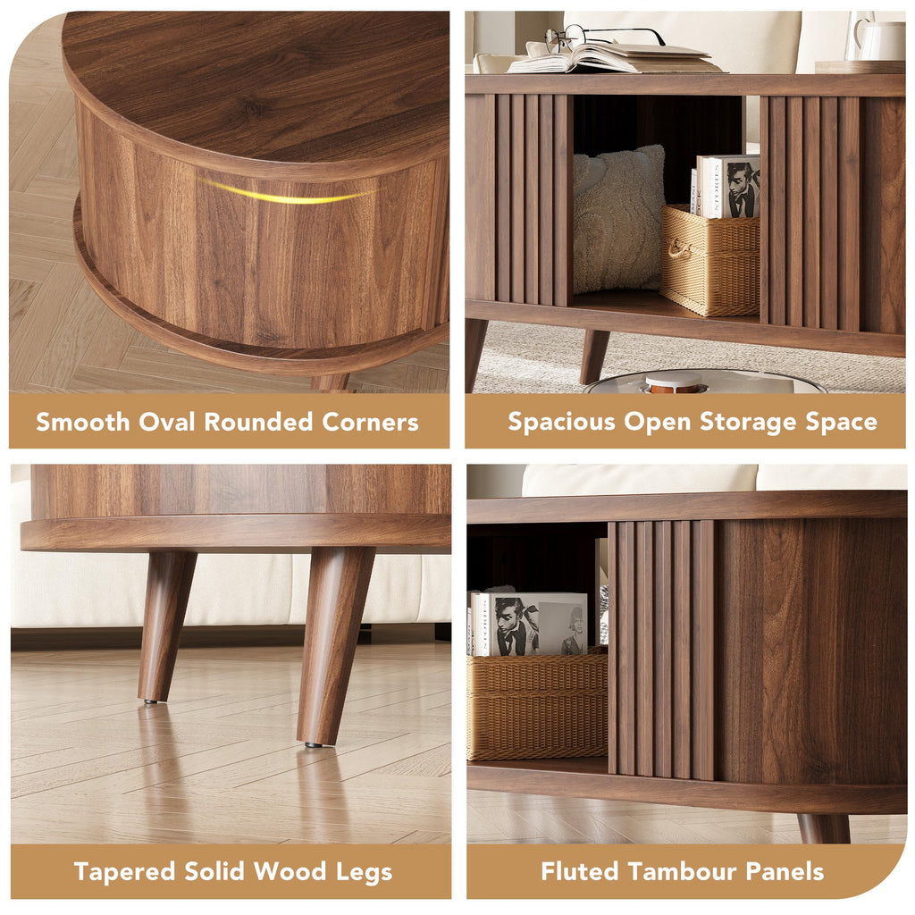 39.3" Oval Fluted Coffee Table with Storage, Fluted Mid-Century, Walnut