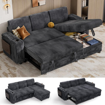 86" Modular Sectional Sleeper Sofa with Pull Out Bed, 3 Seat Plush Corduroy L Shaped Couch with Storage Chaise|USB