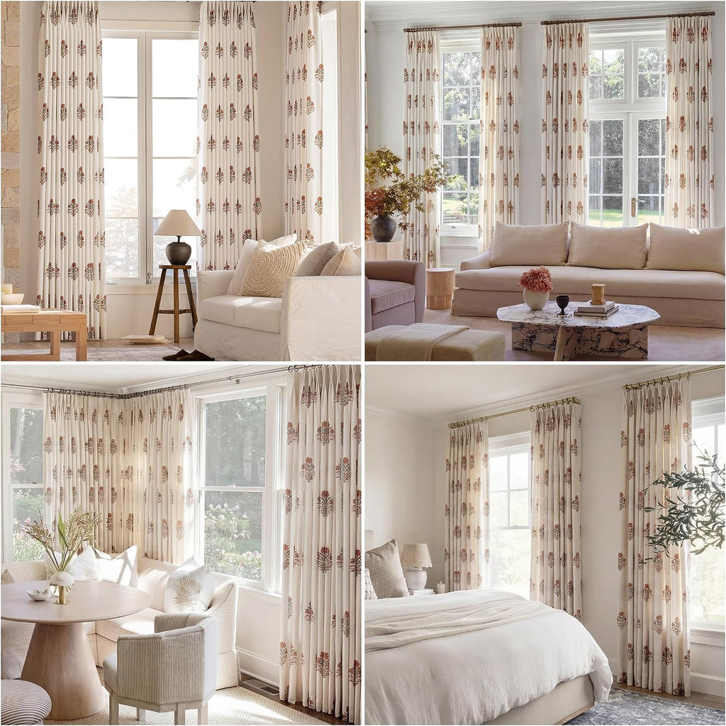 Pinch Pleated Curtains for Living Room: Light Filtering Floral Curtains 95" White Brown Linen Blend Drapes for