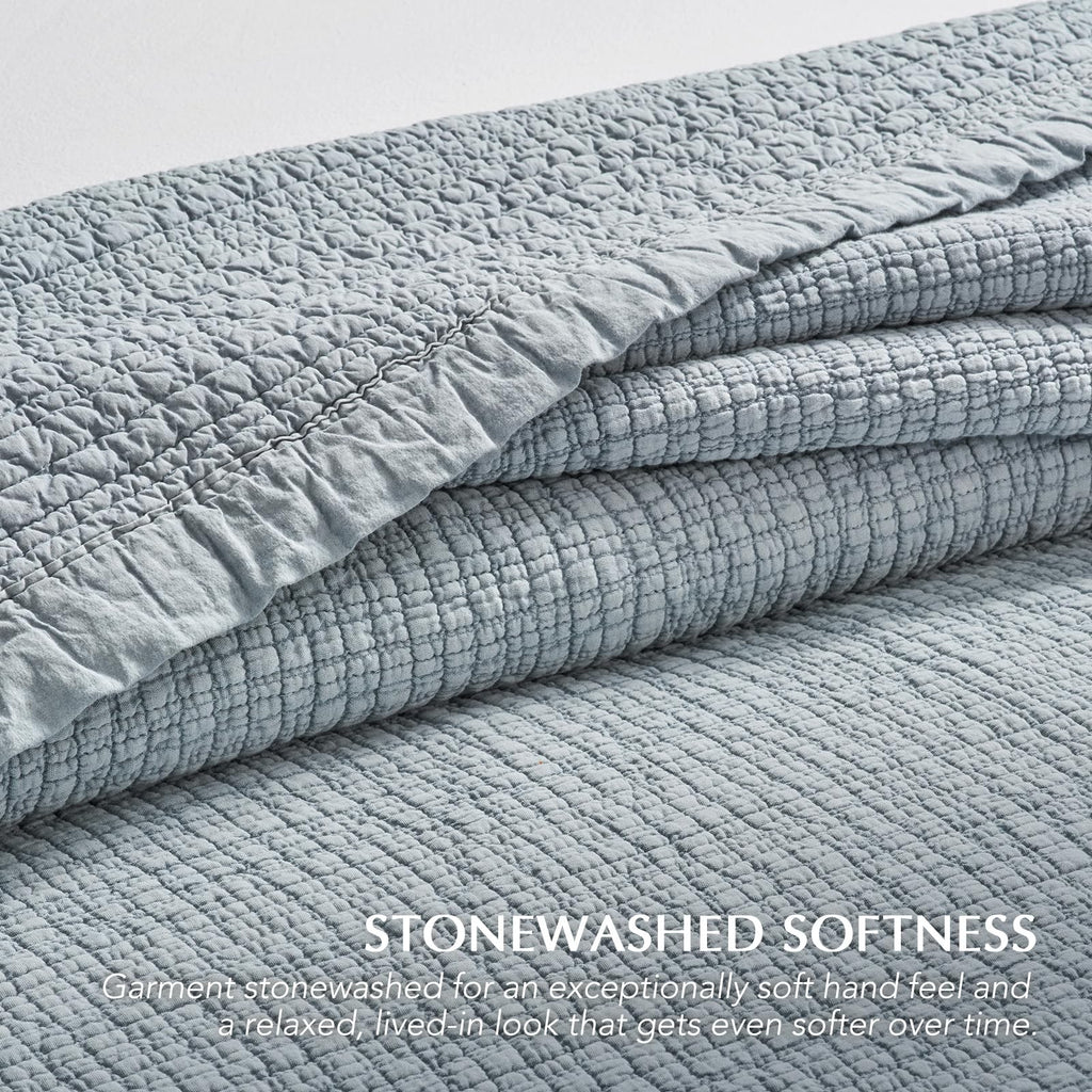 Stonewashed Textured Cotton Quilt Set, Blue Linen