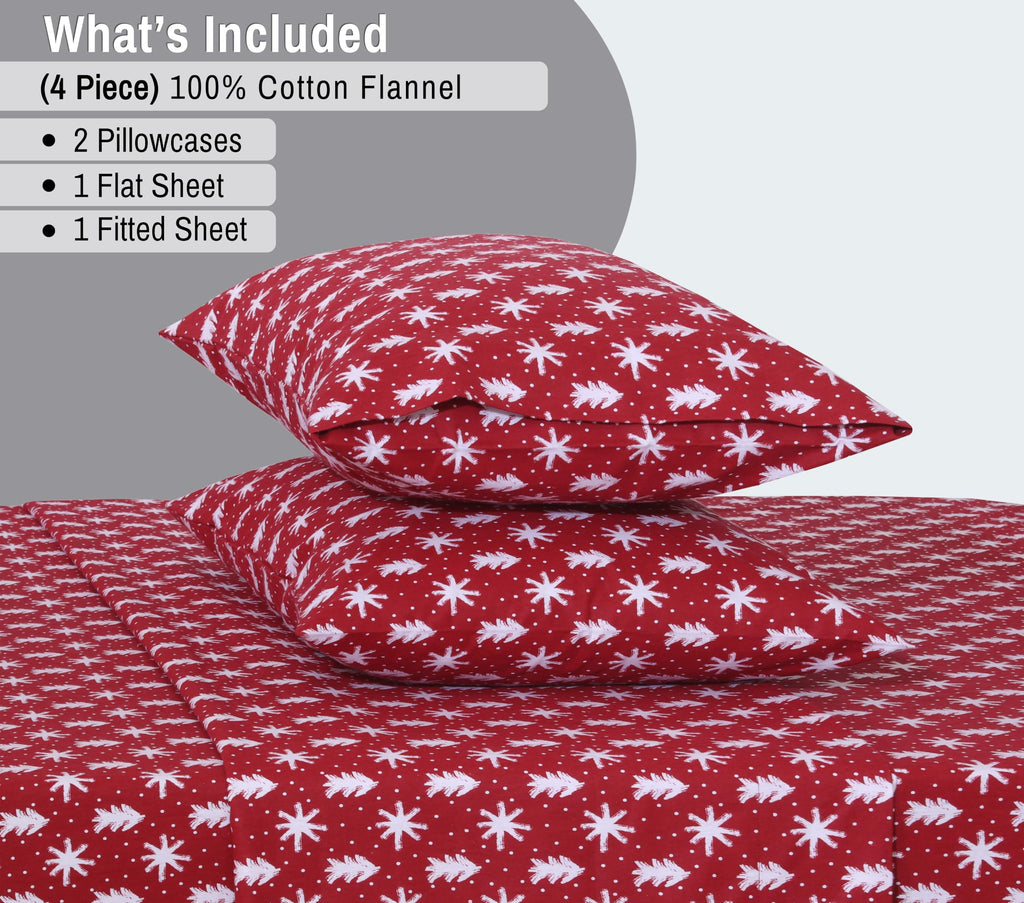 100% Cotton Flannel Sheets Queen Size, 4 PCs, Red Christmas