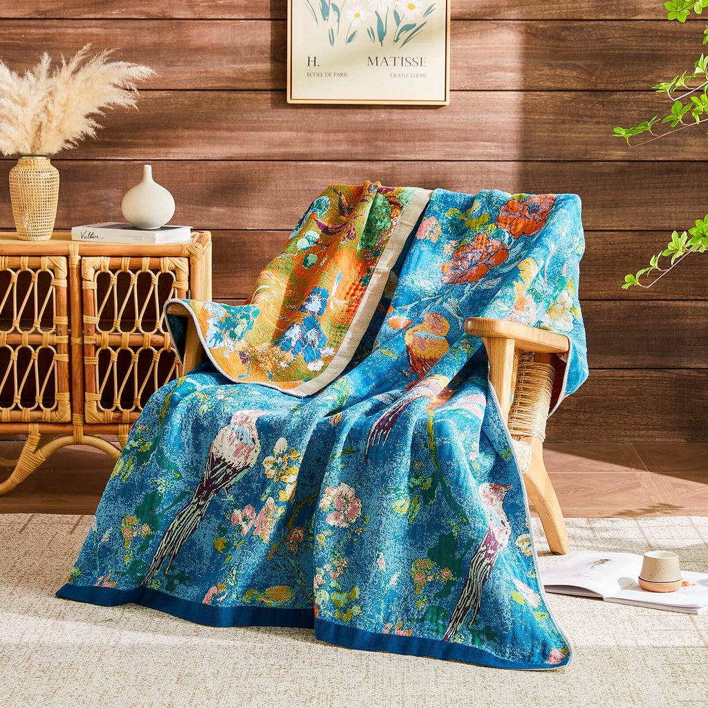Boho Throw Blanket 100% Cotton Muslin Woven Blanket Bohemian Bed Throws Vintage Rustic Farmhouse Decor Reversible Bed