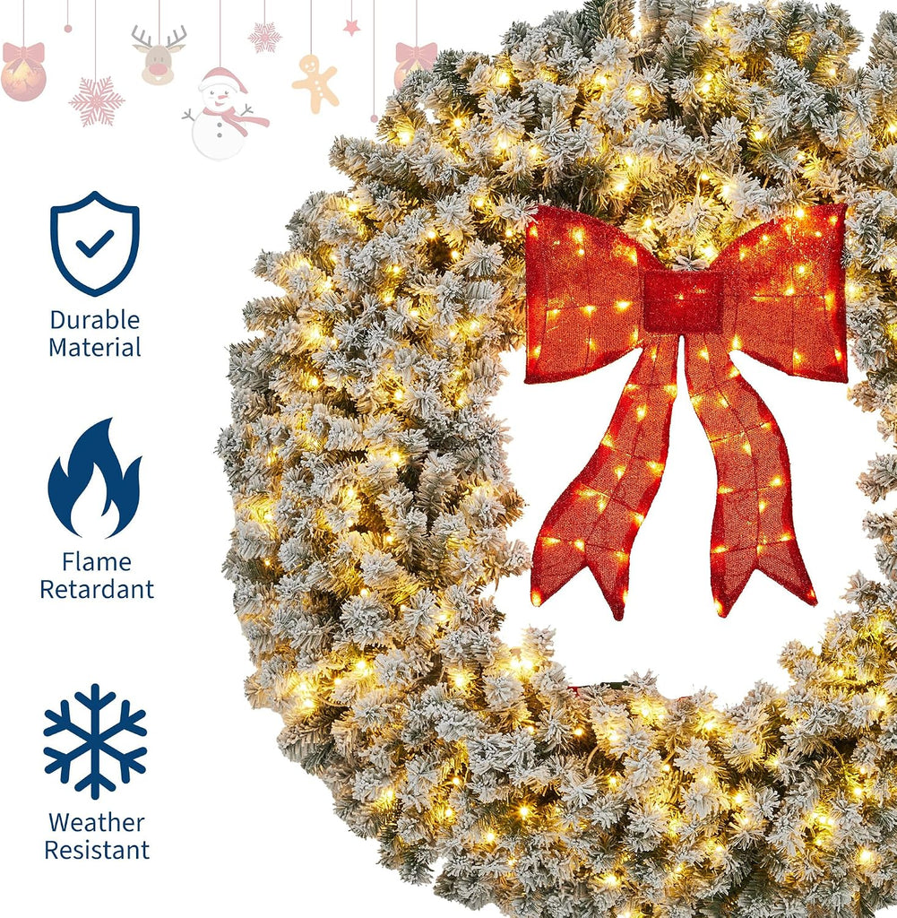 48-Inch Pre-Lit Flocked Artificial Christmas Wreath with Red Bow & Warm White LED Lights - Weather-Resistant PVC
