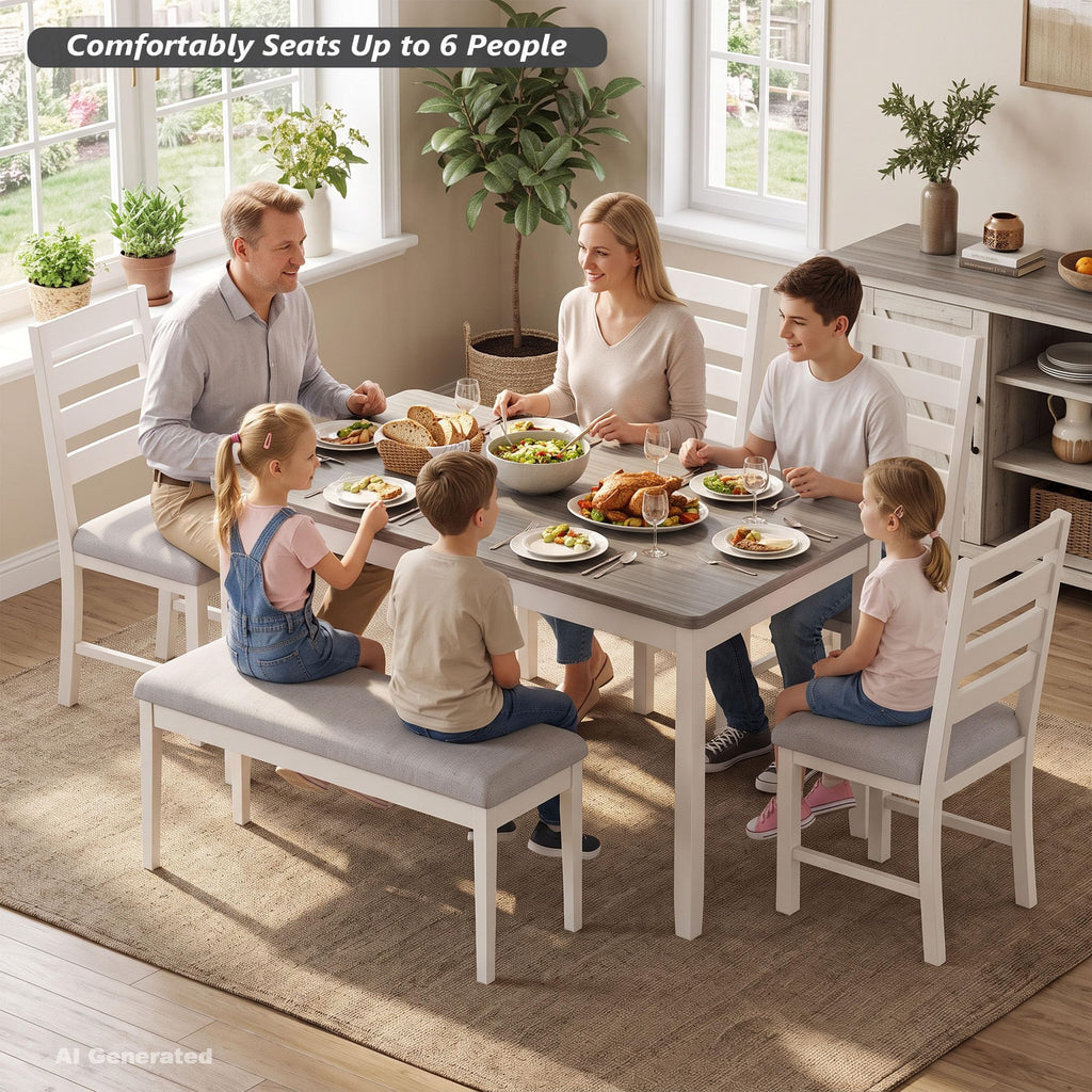 6-Piece Dining Table and Chair Set with 4 Chairs & 1 Bench, Grey