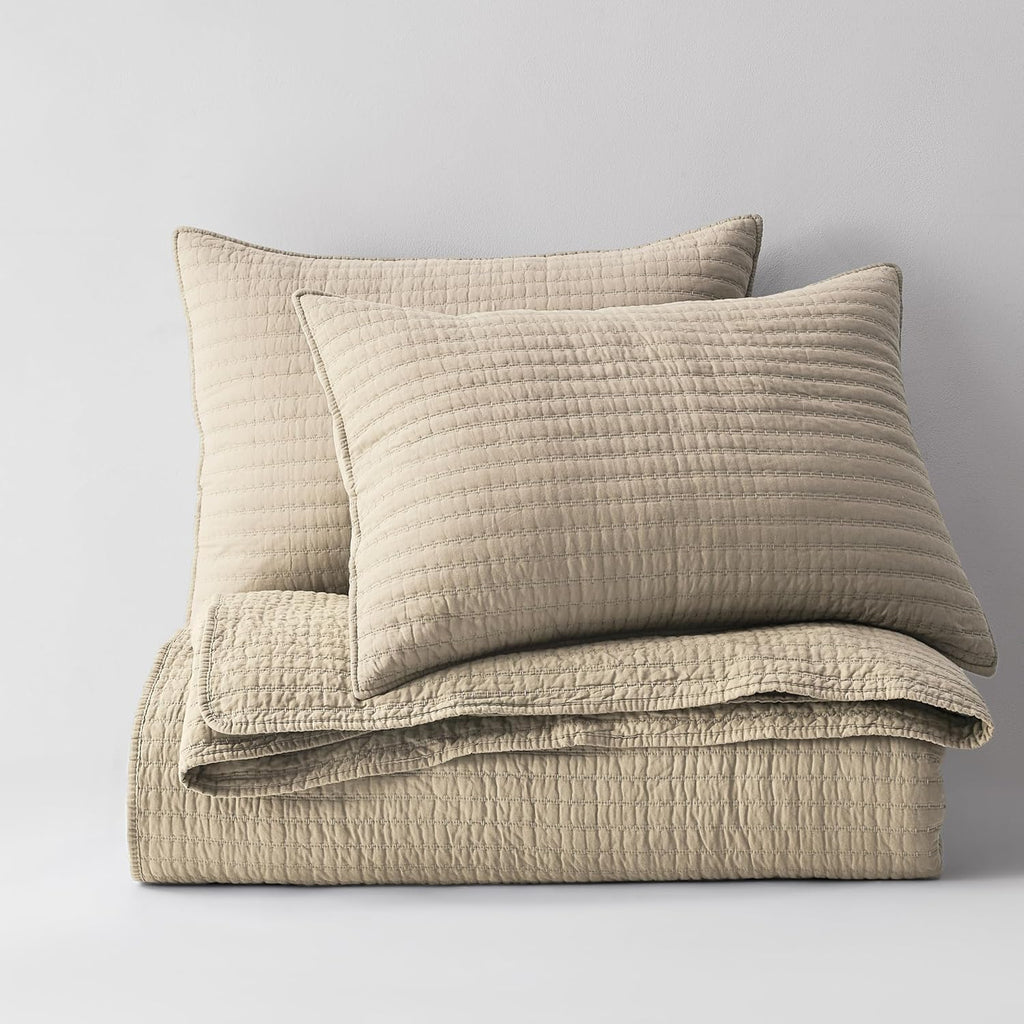 100% Cotton Oversized King Quilt Set - Beige California Cal King Striped Pick Stitch Soft Lightweight Bedspread
