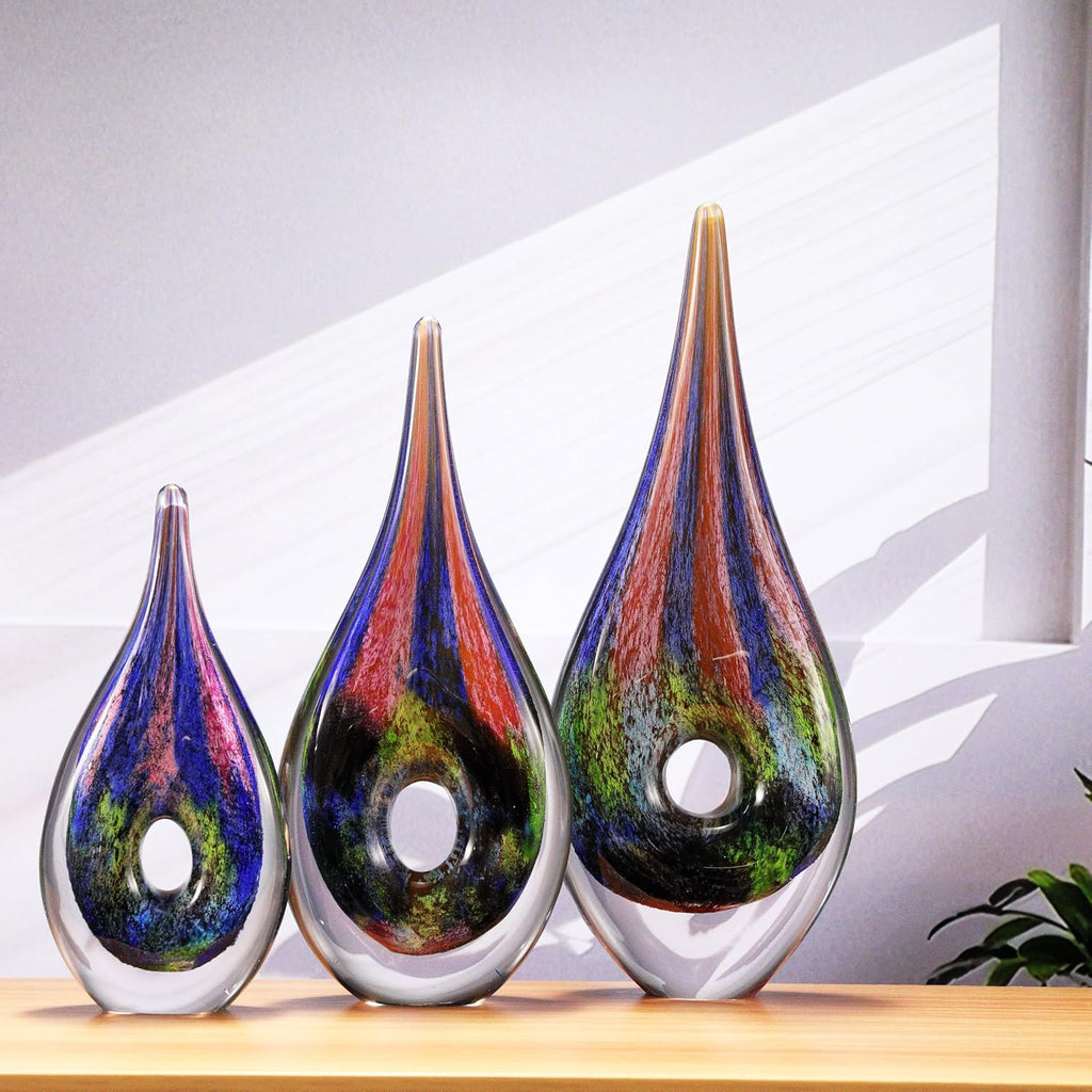Hand Blown Abstract Hollow Tear Drop Sommerso Art Glass Sculpture Decor 11.5 inch Tall Centerpiece Table Decoration