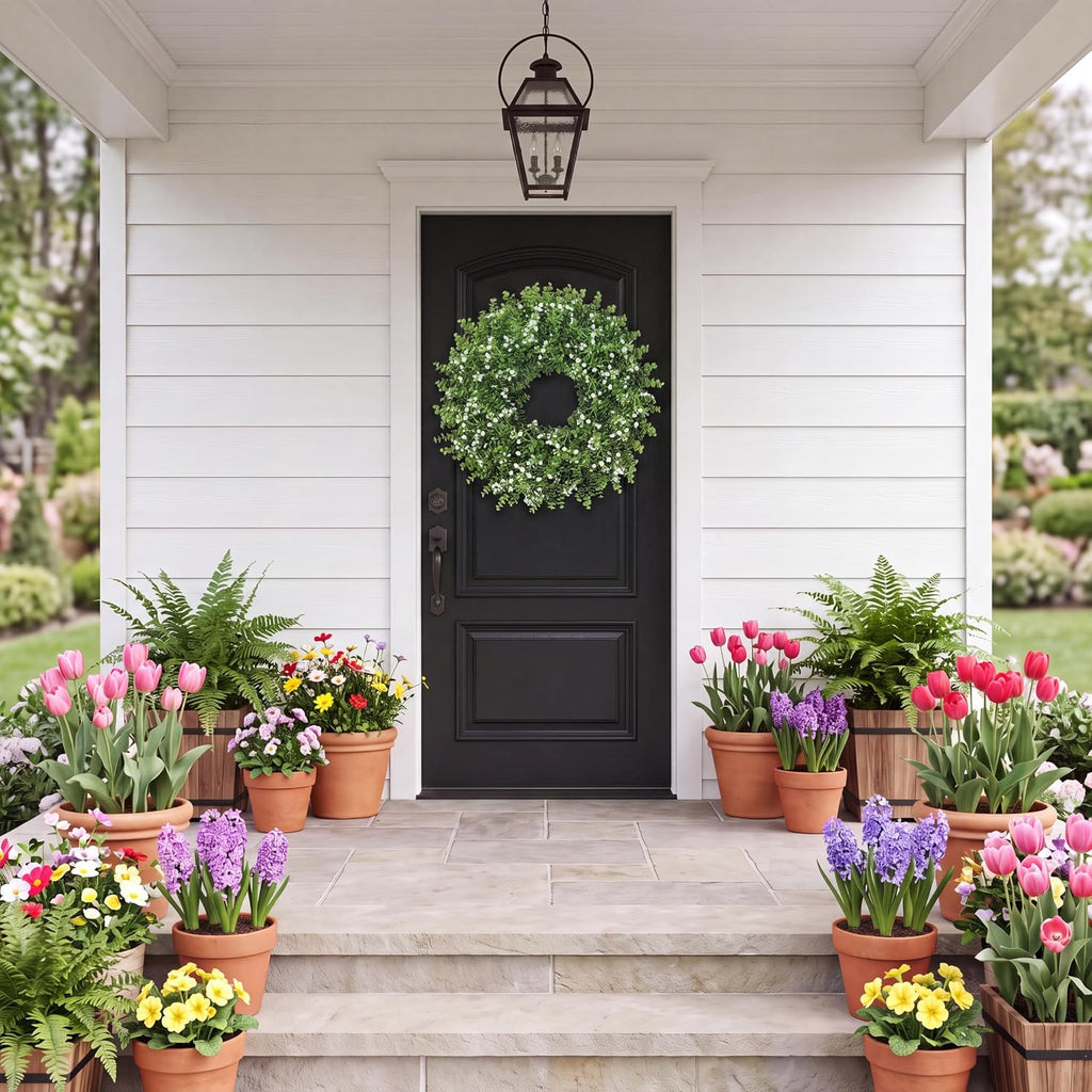24'' Large Boxwood Wreath for Front Door Artificial Spring Summer Wreath with Baby's Breath Greenery Wreaths