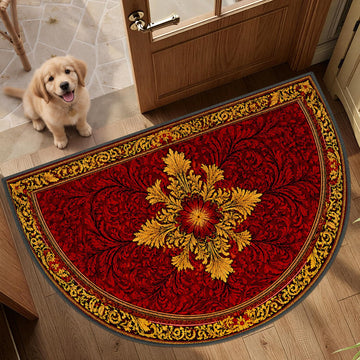 Luxury Baroque Semicircle Rug 24"x36", Royal Vintage Gold Crimson Red