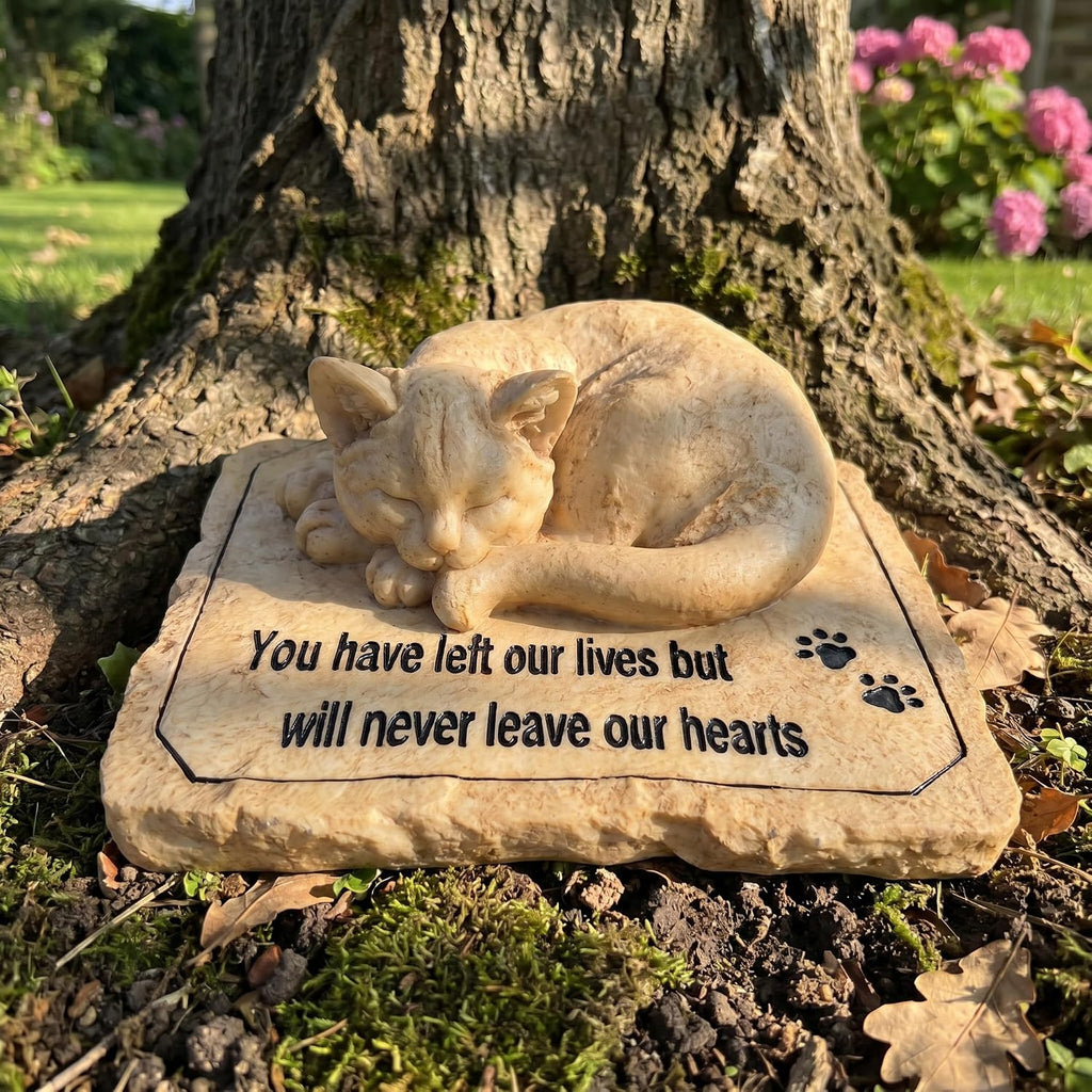 Cat Memorial Stones Grave Markers with A Sleeping Cat Statue on The Top - Cat Garden Stones Grave Stones Cemetery