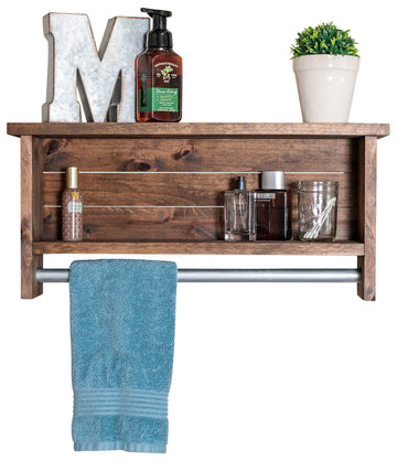24-Inch Farmhouse Bathroom Towel Bar with Shelves, Solid Wood, 5.5" D x 24" W x 11.25" H, Walnut Finish