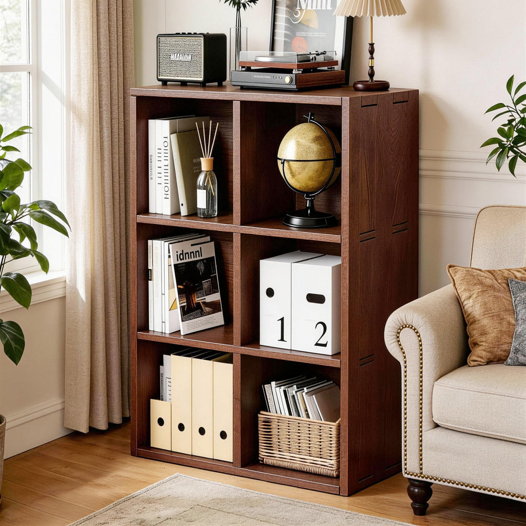 6 Cube Storage Bookcase, Walnut Horizontal Bookshelf