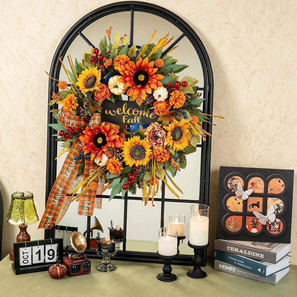 24 Inch Harvest Fall Wreaths for Front Door, Rustic Harvest Autumn Wreath