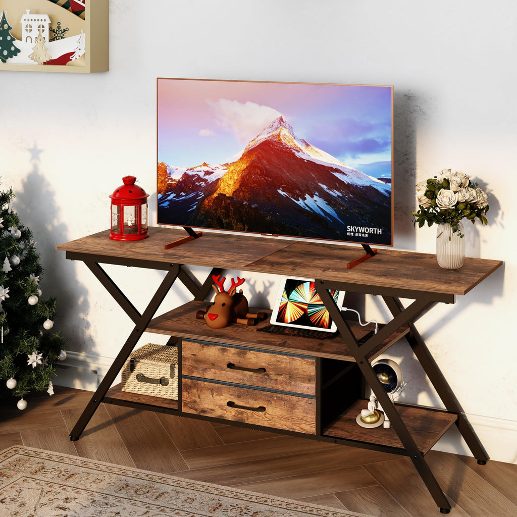 TV Stand with Power Outlet & LED Lights for TVs up to 65", Rustic Brown