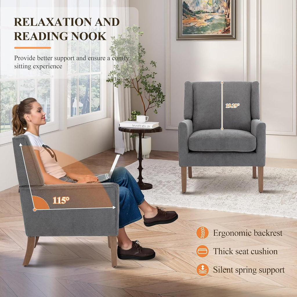 Living Room Chair, Wingback Mid-Century Accent Chair - Comfy Single Sofa with Solid Wood Legs & Velvet-Like Fabric