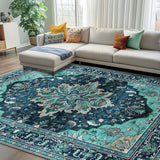 Area Rugs Washable Non-Slip, Floral Vintage Distress Print Pattern Medallion Carpet for Living Room Bedroom