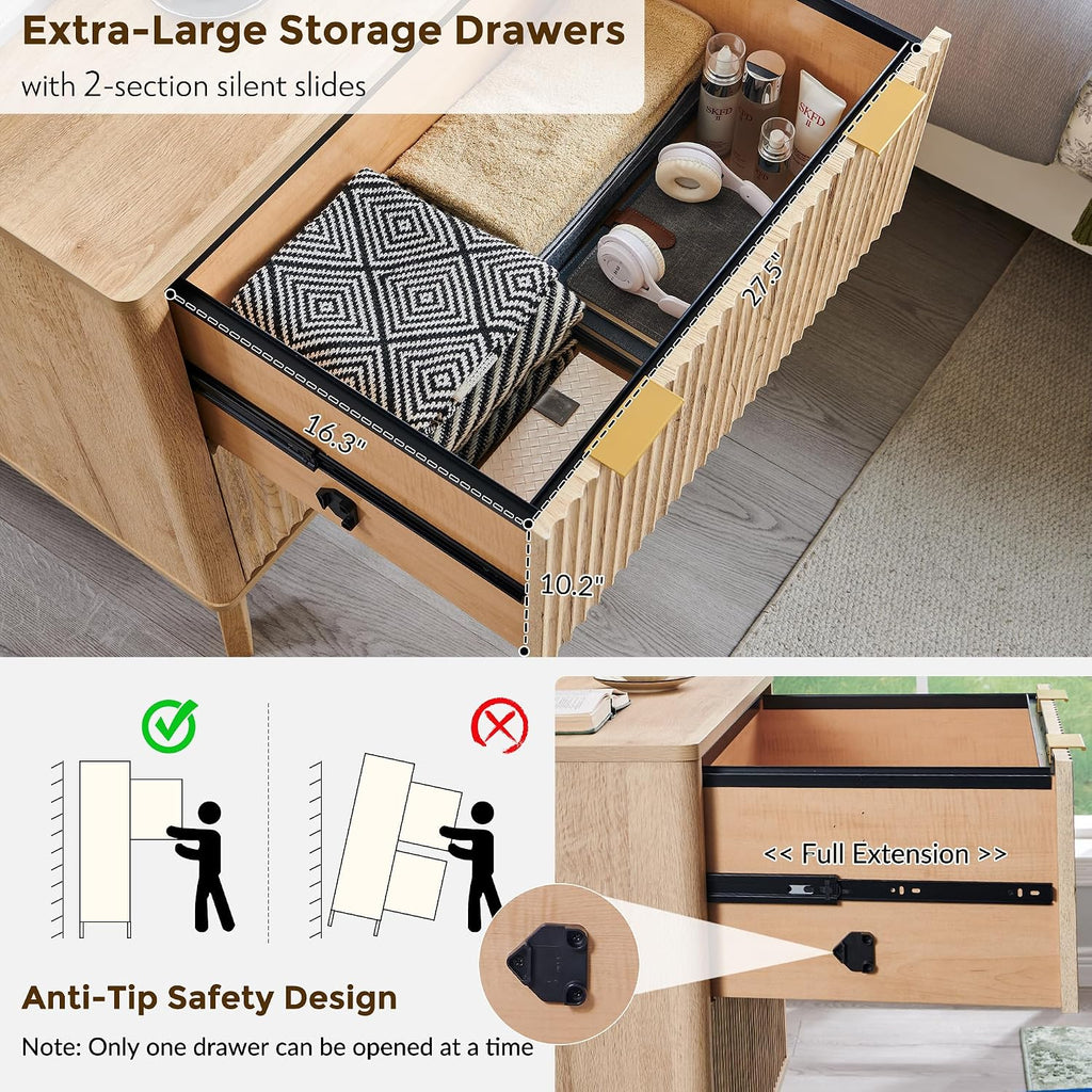 31.8-Inch Fluted 2 Drawer Lateral File Cabinet, Natural Oak | Filing Cabinet with Files Hanging Rod for Letter