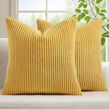 Corduroy Fall Throw Pillow Covers 26x26 Set of 2 Mustard Yellow