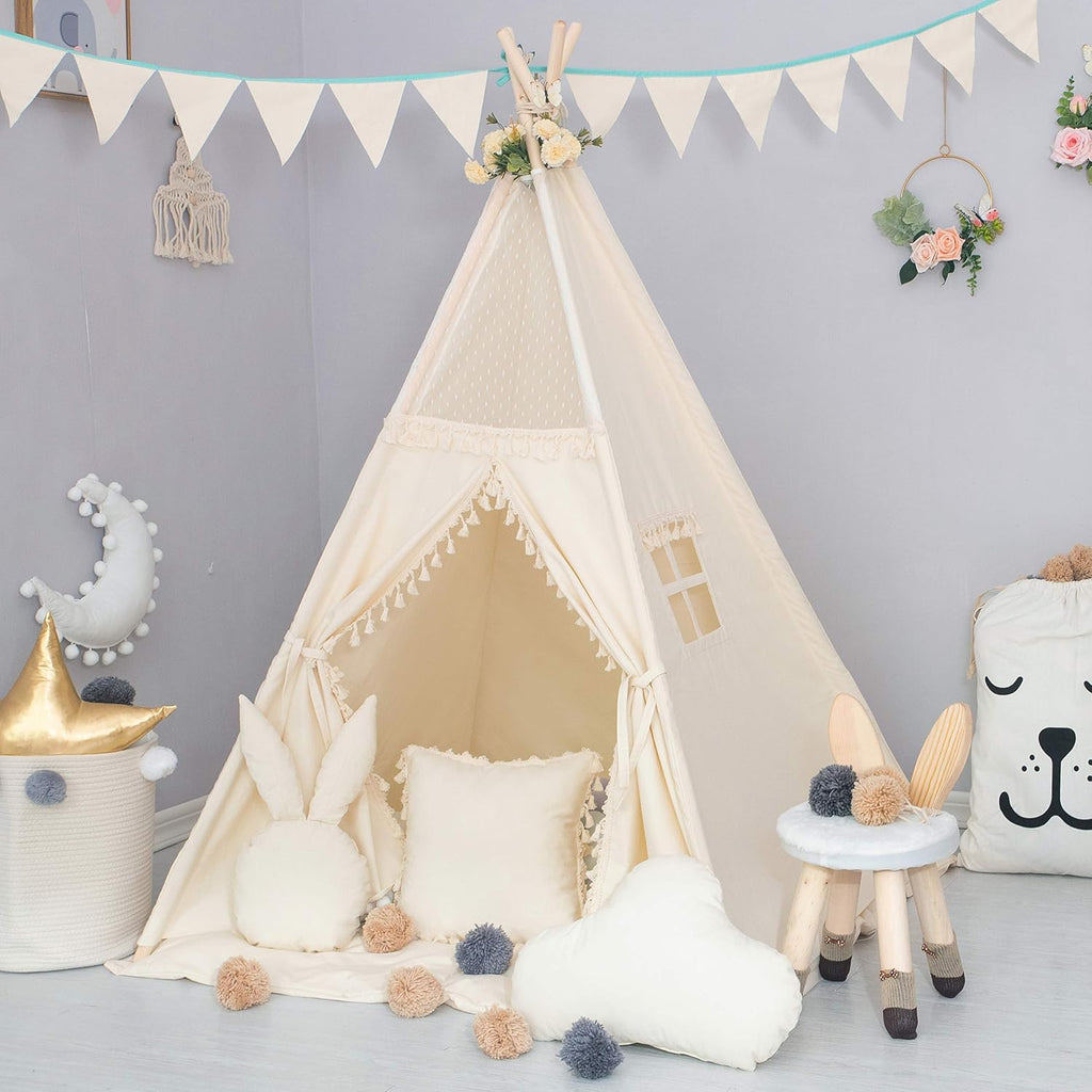 Kids Teepee Tent with Padded Mat, Banner, Fairy Lights, Yarn Ball, Carry Bag, Beige Cotton Canvas Play Tent for Child