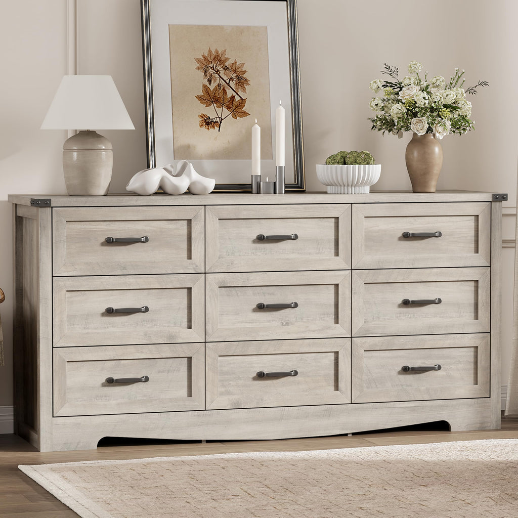 Dresser with 9 Drawers, 63" Wide Wood Chest of Drawers with Deep Drawers & Mental Handle, Modern Dresser TV Stand