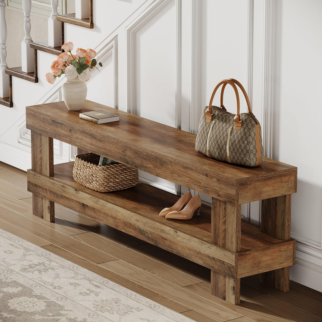 Farmhouse Entryway Bench, Rustic Brown 59-Inch Long Shoe Bench Seat with Open Storage Shelf, 2-Tier Narrow End of Bed