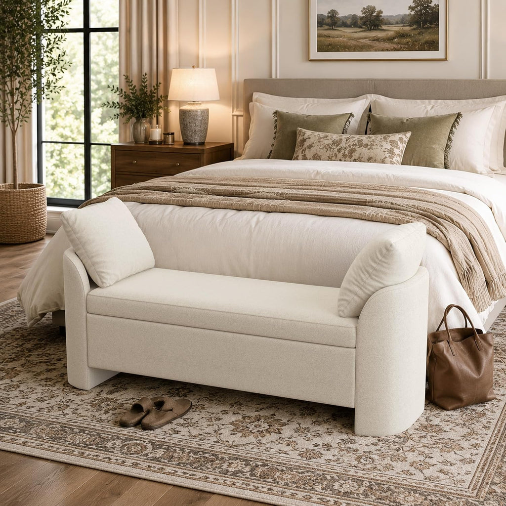 58.3" Upholstered Storage Ottoman Bench with 2 Throw Pillows, Beige | End of Bed Bench with Curved Arms and Thickened