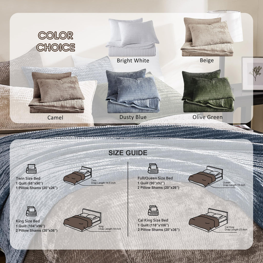 Velvet California Oversized Quilt Set - Olive Green Striped Pick Stitch Soft Lightweight Bedspread