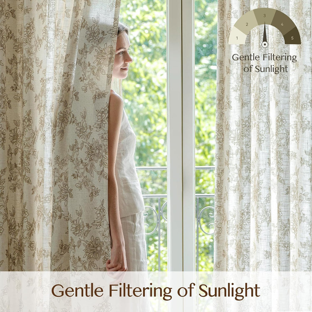 Pinch Pleated Sheer Floral Curtains - Luxury Linen Blend Light Filtering Beige Drapes for Bedroom Living Room - 95"