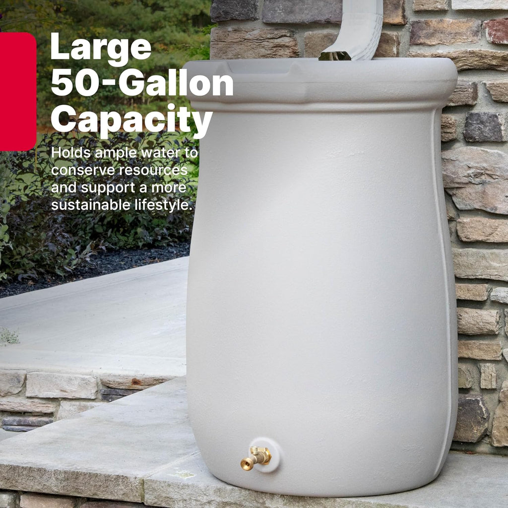 Fernway Rain Barrel, Outdoor Water Conservation Container, Holds 50 Gallons, Gray